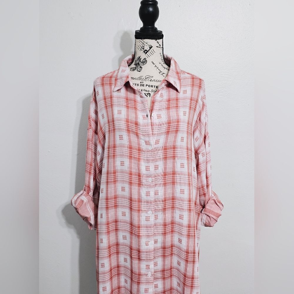Max Studio Checkered Button-Up Oversized Tunic Sh… - image 2